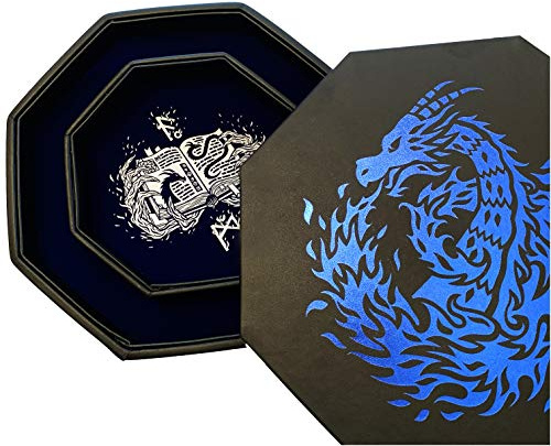 Fantasydice Blue Dragon Dice Tray with Spell Book Print – 23CM Octagon with Lid and Dice Staging Area, Holds 5 Dice Sets – Perfect for D&D, Call of Cthulhu, Shadowrun, and All Tabletop RPGs