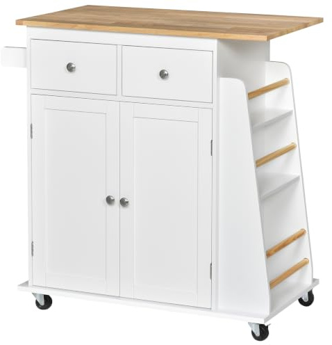HOMCOM Kitchen Island on Wheels with Rubber Wood Top and 2-Door Cabinets | Mobile Storage Trolley, Rolling Kitchen Cart, 2 Drawers, Adjustable Shelf, 3-Tier Spice Rack