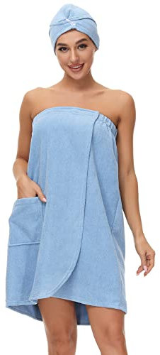Kilt da Sauna da Donna con Fascia per la Testa, Asciugamano da Bagno per Doccia Spa, Regolabile, Senza Spalline, in Morbida Microfibra Azzurro M