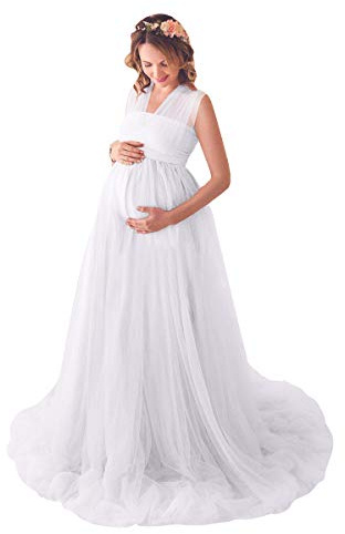 IBTOM CASTLE Robe Grossesse Shooting Photo Sexy Longue Jupe en sans Manches Bandage Tulle pour Photographie Plage Mariage Plage Soireé Cérémonie Jupes Femme Enceintes Maternité Blanc Medium