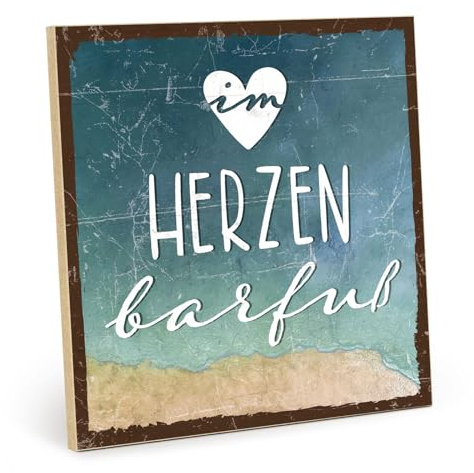 TypeStoff Holzschild mit Spruch – barfuß – im Vintage-Look mit Zitat als Geschenk und Dekoration zum Thema Hygge, Freiheit und Strand - HS-00950