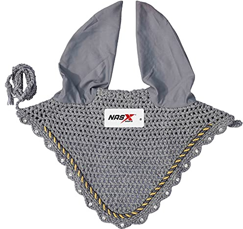 Diamante Crystal Horse Fly Hood Veil Ear Bonnet Flyveil Cotton Crochet Handmade Glitter (FULL, Grey)