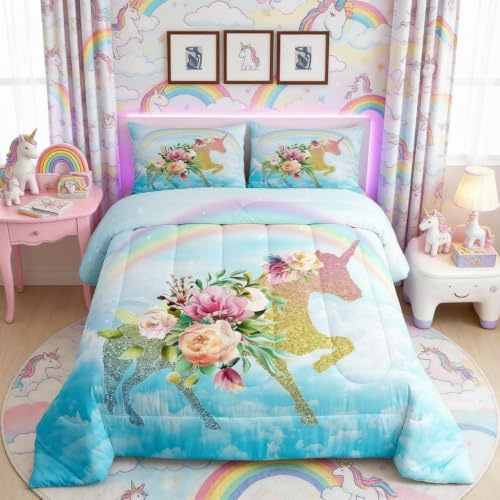 Set di biancheria da letto per bambini, con unicorno, con rosa glitterata e unicorno, con piumone e motivo floreale, per adolescenti, per tutte le stagioni, morbido blu arcobaleno