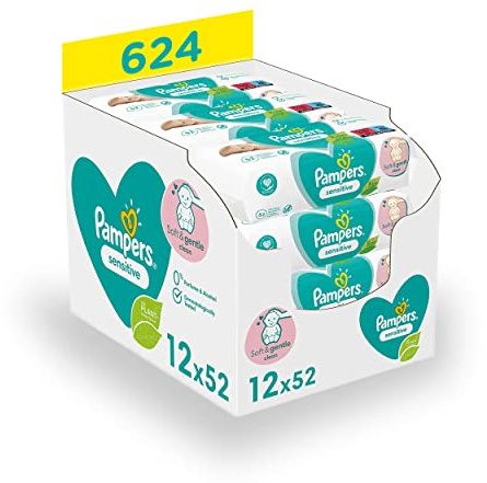 Pampers Sensitive Våtservetter För Babyer och Barn Skonsam Rengöring av Känslig Babyhud 12 x 52 Stycken