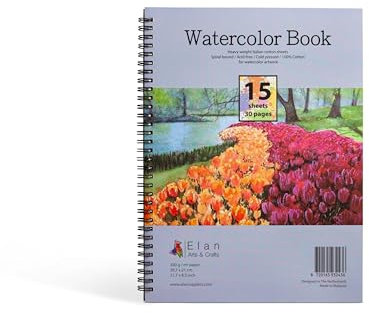 Elan Aquarellblock A4, 15 Blätt 300gsm 100% Baumwolle Papier Italienisch, Malblock mit Aquarellpapier A4, Aquarellbuch Spiralbindung Watercolorbook A4, Malblock mit 100% Baumwolle Artpapier für Malen