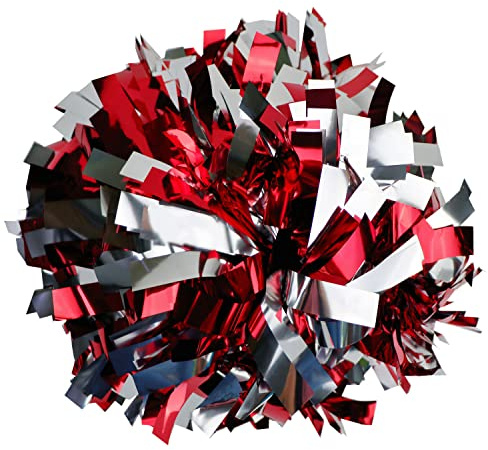 Gbateri 2 Stück metallische Cheerleader-Pompons mit Schlagstock-Griff, 15,2 cm, Cheerleader-Pom-Poms, Cheerleader-Poms für Kinder und Erwachsene, Teamgeist, Sport, Tanz, Jubeln (rot und silber)