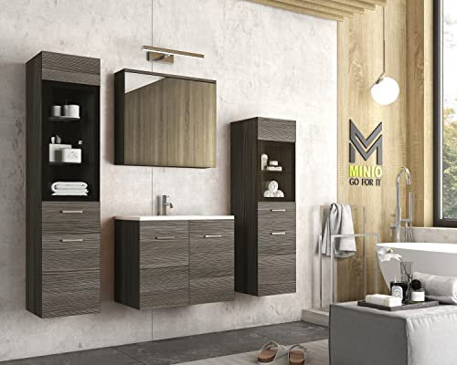 MINIO go for it - Ensemble de Meubles De Salle de Bain 4 Pièces Marit 2 I Élément Mural Moyen Et Grand sans Éclairage LED I Meuble Miroir Mural I Meuble avec Lavabo I Chêne Bodega