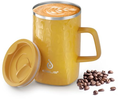 Ideus® Kaffeebecher 470 ml (16 oz), doppelwandige vakuumisolierte Kaffee- und Teetasse aus Edelstahl mit rutschfestem Griff und Schiebemoduldeckel und großem Volumen (Leapord Honey)