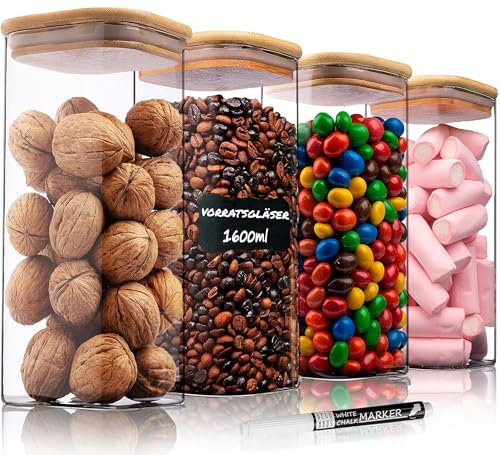 Deco haus® Vorratsgläser mit Deckel Luftdicht 4er Set [+ Etiketten] - Vorratsdosen Glas mit Deckel Luftdicht - Aufbewahrungsgläser Küche - Vorratsbehälter Glas Eckig - Aufbewahrungsglas - 4x1600ml