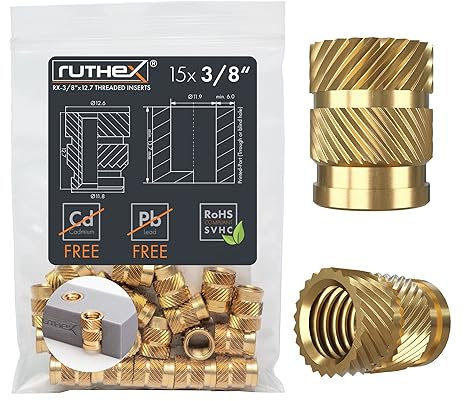 ruthex Insert fileté 3/8 (UNC), 15 douilles filetées RX-3/8-16-x12.7 en laiton, écrou à sertir stable, utilisable par chaleur dans des pièces d'impression 3D en plastique