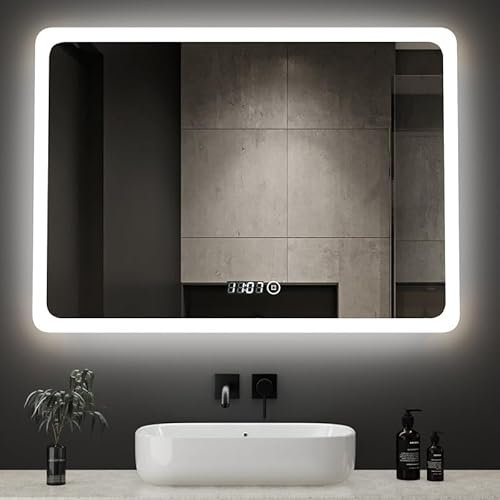 Boromal Badspiegel mit Beleuchtung und Uhr 80x60cm Badezimmerspiegel mit Beleuchtung LED Spiegel mit Beleuchtung Lichtspiegel Wandspiegel mit Touchschalter, Uhr, 3 Lichtfarben 3000K-6500K Dimmbar