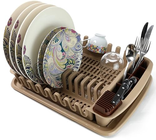 DIVCHI Abtropfgestell aus Kunststoff, Abtropfgestell für Spülbecken, mit Besteck, Tasse, Utensilienhalter für Küchentheke (braun)