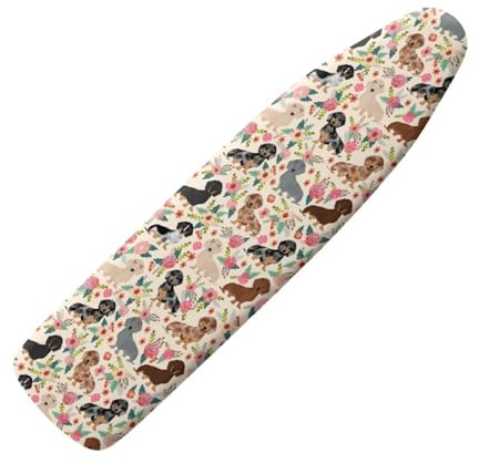 NETILGEN Bügelbrettbezug mit Klettverschlüssen, einfach zu installieren, Schutzbezüge, waschbar, einfache Passform, für Zuhause, Hotel, passend für bis zu 122 x 40 cm, Dackel-Hund, Blumenmuster, Beige