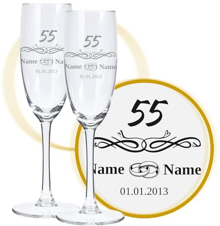 LALALO Sektglas mit Gravur 55. Hochzeitstag (2 St.), Platinhochzeit, Juwelenhochzeit Hochzeit Sektgläser Geschenk personalisiert/graviert, Jahrestag (Blütenträume)