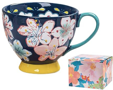 JINTN Large Floral Printed Bone China Footed Mugs - Breakfast, Tea, Coffee, Soup and Cereal Mugs