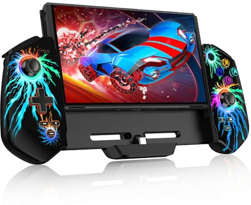HASACOOL Switch Controller Handheld mit Hall Effect Sticks, Großer Griff Controller für Switch/OLED mit Turbo/Tischständer/6 Achsen Gyro(Flamme)