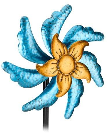 Relaxdays Windrad für den Garten, Blumenstecker mit Erdspieß, HBT: 120 x 30 x 12,5 cm, Eisen, Windspiel, blau/Gold