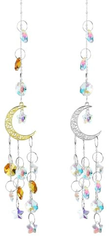 2PCS Attrape-Soleils en Cristal,Suncatcher Pendentif,Décoration de fenêtre en Cristal, Pentagramme de Lune en Argent et Or