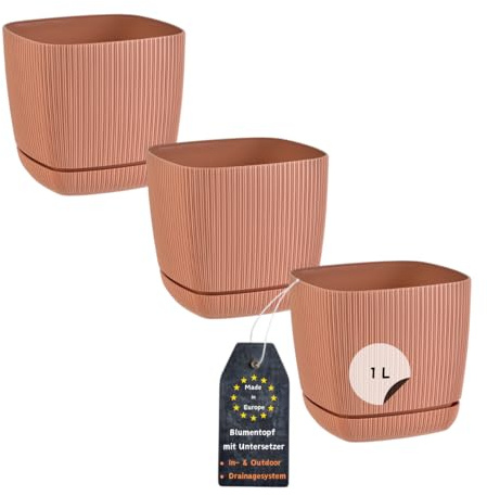 Engelland - 3 x Blumentopf mit Drainagesystem, Untersetzer, Farbe: Terrakotta, Rillenoptik, Pflanz-Topf, Kübel, modern, Kunststoff, quadratisch, 12 x 12 cm, 1 Liter