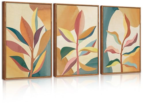 BINCUE 3 Teilig Bunte Abstrakt Wandbild,Tropische Palmblätter Leinwand Wandkunst Set,Boho abstrakte bilder mit Rahmen Wanddekoration,Natur Abstrakte Blumen Poster für Wohnzimmer Schlafzimmer,30x40cm
