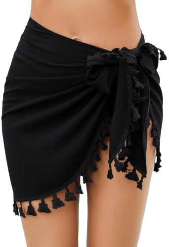 FveVqe Black Sarong, Sarongs, Beach Skirt Beachwear for Women Beachwear, Graceful and Unique Beach Sarongs for Women Uk with Fringes for Swimwear Short Wraps