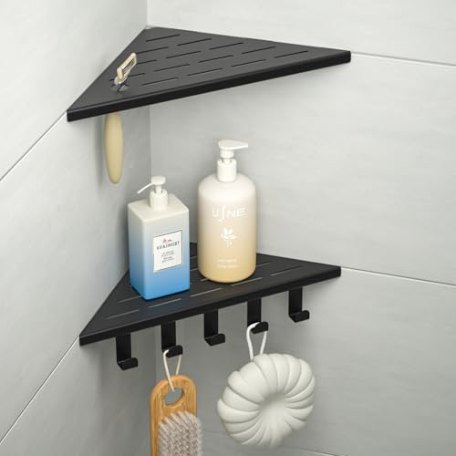 Bernkot Etagere Douche Angle Lot de 2, étagère de Douche en Coin avec Crochets d'angle en Acier Inoxydable 304, Etagere Angle Salle de Bain 254mm, pour Mur carrelé, sans perçage, Noir