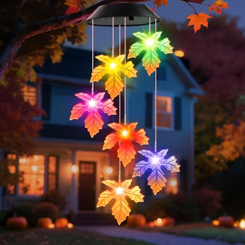 Herbstdeko Herbst Dekoration Windspiele Geschenk Oma Außen Garten Balkon | Ahornblatt Solar Windspiele Wetterfest Terassendeko Solarleuchten Herbst Deko Geburtstagsgeschenk für Frauen Mama Oma