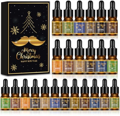 Bartöl-Adventskalender 2025 für Männer, 24 luxuriöse Düfte Weihnachtskalender Countdown Kalender für Freund oder Ehemann