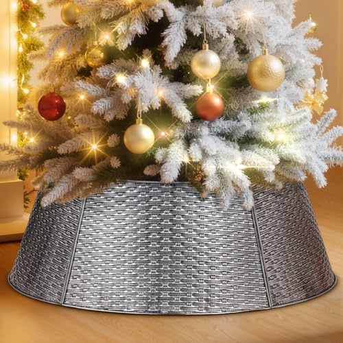 Lanpn Metall Weihnachtsbaum Kragen 70cm, Weihnachtsbaum Halsband Christmas Tree Collar Für Mittelgröße M Wetterfest Für Kunstbäume Innen Außen - Weihnachtsdekoration (Silber, Horizontales Weben)