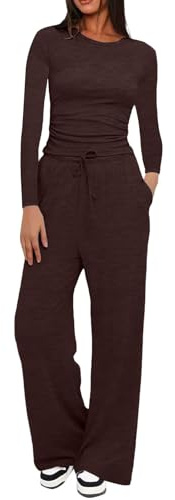 Couawaticy Two Piece Sets for Women Tracksuit Full Set Long Sleeve Tops Drawstring Elasticized Waist Wide Leg Trousers Casual Lounge Wear Co Ord Sets Matching Activewear Gym Sets