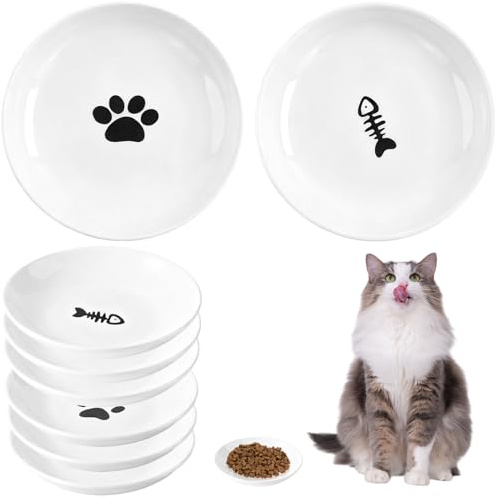 6 Stück Katzennapf Keramik, Futternapf Katze Set, Whiskerfreundlicher Katzennapf Flach, Weiß Katzen Napfset ErhöHt Katzenteller für Katzen und Kleintiere (6 Stück)