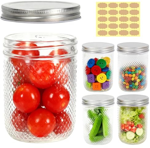 Acetiti 5 Pezzi 500 ml/17 oz Barattoli Mason Jars, Vasetti Vetro Ermetici con Coperchio tappo a vite ed etichette per Conserve, Marmellata, Yogurt, Miele, Preparazione (500ml-Edizione Diamond)