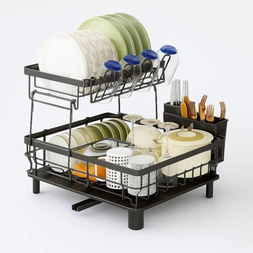 SUNNYNEST 2 Tier Dish Drainer Rack Black with Drip Tray Sink Drainer Glass Holder & Chopping Board Rack Swivel Spout for Kitchen Counter Space-Saving