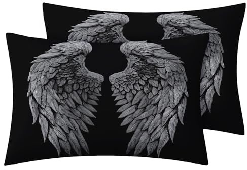 Zhrylliq Angel Wings Pillow Case King Size Set of 2, Black Grey Bird Feather Pillowcase & Bedroom Decor, Angel Wings Pillow Shams with Hidden Zipper