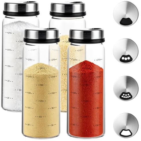Gykutix 4 Pezzi Barattoli Spezie con Coperchio Girevole Rotante, Barattoli per Spezie in Vetro Borosilicato da 300 ml, con 4 Tipi di Fori per Cucina, Sala da Pranzo, Grigliate all'Aperto e Barbecue