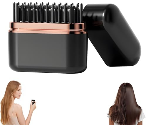 Mini Hair Straightener Brush, 2-in-1 Cordless & Portable Hair Straightener and Volumizing Hot Comb, 30s Fast Heating, Anti-Scald, Plant Protein Coating, Ideal for Travel & Daily Use (New-BK)