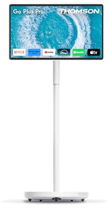 THOMSON Go Plus Pro Pantalla Táctil Inteligente 27 Pulgadas (69 cm) 4K UHD, Android, Control por Voz, Hotspot, Batería 9000 mAh, Cámara 5MP, Subwoofer, WiFi 6, Bluetooth, Soporte Portátil - Blanco