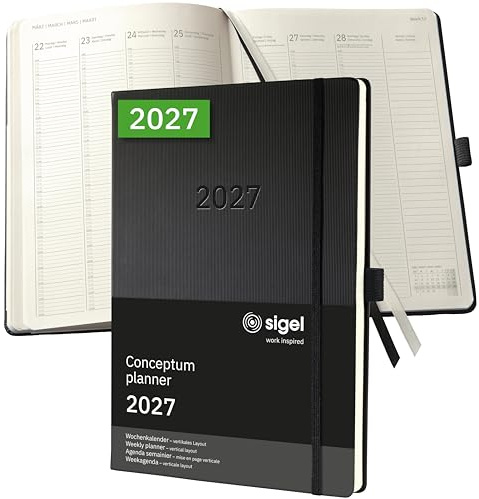 SIGEL Conceptum Planungsbuch 2027 A4+ Wochenplaner vertikal schwarz | C2718, Wochenkalender extra groß, 1 Woche = 2 Seiten, 1 Spalte pro Tag, 192 Seiten, Stiftschlaufe, Kalenderbuch