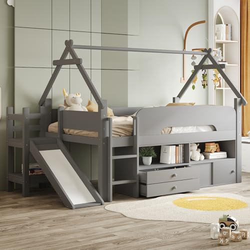 Arhatreya Lit d'enfant 90 x 200 cm, en bois, avec toboggan de sécurité, lit mezzanine avec rampe de sécurité, cadre de lit avec sommier à lattes, lit pour chambre à coucher (sans matelas) gris