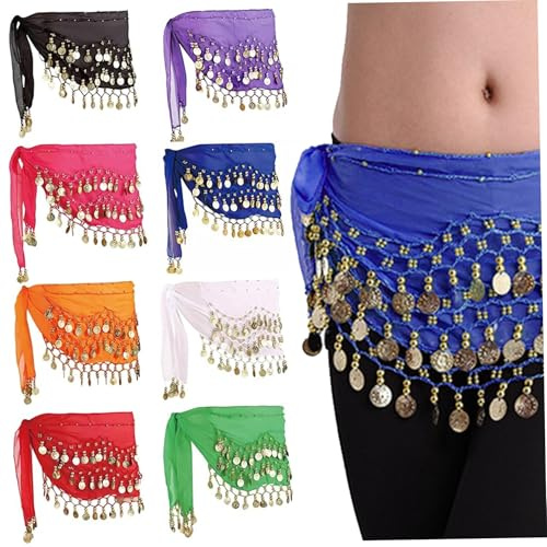 Bauchtanz-Rock, Bauchtanz-Hüfttuch, 8 Stück, 8 Farben, 139, 7 cm, Chiffon-Tanzrock für Frauen mit Goldmünze, dekorativer Hüftschal für Tanz, Auftritt, Tänzerin