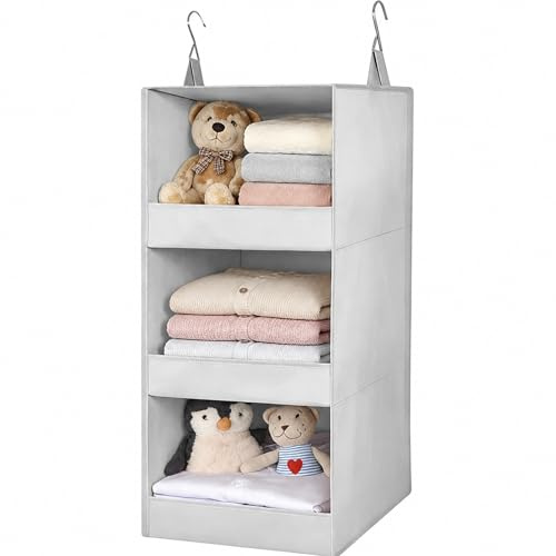 Admygo 3 Shelf Hanging Wardrobe Organiser, Foldable Hanging Storage Shelves for Wardrobe, Clothes Organiser with Metal Hooks, Space Saving Hanging Clothes Organiser, Grey (31.1 x 12.2 x 12.2 Inch)