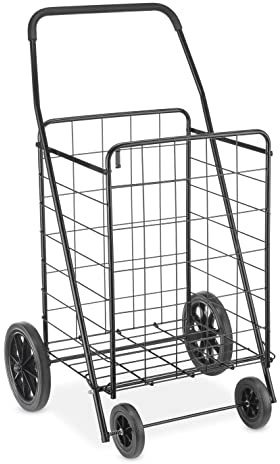 Whitmor Extra Large Utility Foldable Shopping Cart with Wheels, 100 Lb Capacity, Heavy Duty Grocery Cart with Steel Frame, Foam Handle, Rolling Collapsible Utility Trolley for Grocery, Laundry, Black