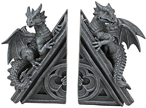 Design Toscano Château du Dragon Décor Gothique Statues Décoratives Serre-livres, 20.25 cm, Ensemble de Deux , polyrésine, pierre grise