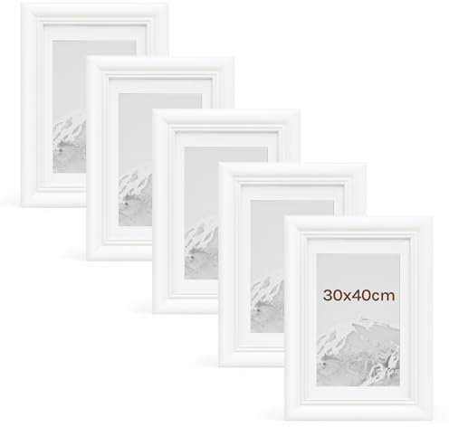 WOLTU Bilderrahmen 30x40cm 5er Set Fotorahmen Holzrahmen mit Passepartout, zum vertikalen oder horizontalen Aufhängen/Aufstellen, Posterrahmen Collage Wanddeko, Weiß