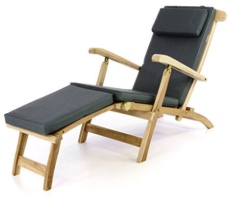 Divero eleganter Deckchair Florentine Liegestuhl Steamer Chair Teakholz unbehandelt inkl. Liegenauflage mit Kopfteil anthrazit wasserabweisend