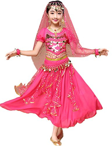 Astage Girl Belly Dance Sequin Indian Dance Costume Halloween Wear Hotpink S(6Y-8Y)