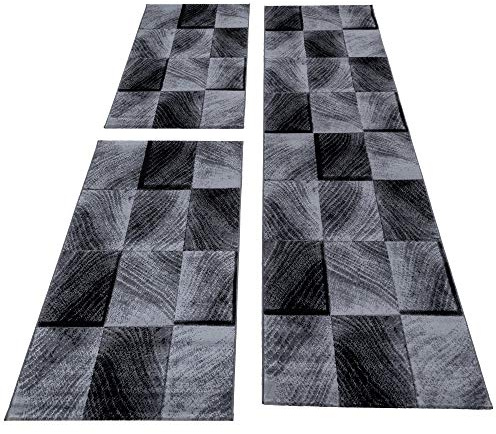 SIMPEX Bettvorleger Schlafzimmer Teppich Bettumrandung 3 Teiliger Set Läufer Flur Küchenteppich Bettläufer Modernes Design Kurzflor Soft & Extra Weich Farbe: Schwarz