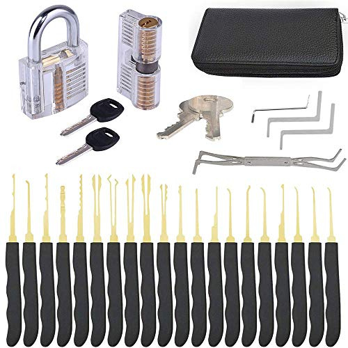 Loboo Idea 28-teiliges Dietrich-Set mit transparentem Vorhängeschloss Picking Tool Kit Übungsschloss Set für Anfänger und Profi Schlosser