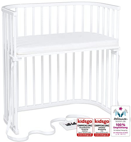 babybay Boxspring Beistellbett aus massivem Buchenholz / kompakt & verwandelbar / Kinderbett Höhe stufenlos verstellbar & umweltfreundlich / mitwachsendes Babybett (weiß lackiert) / inkl. Matratze