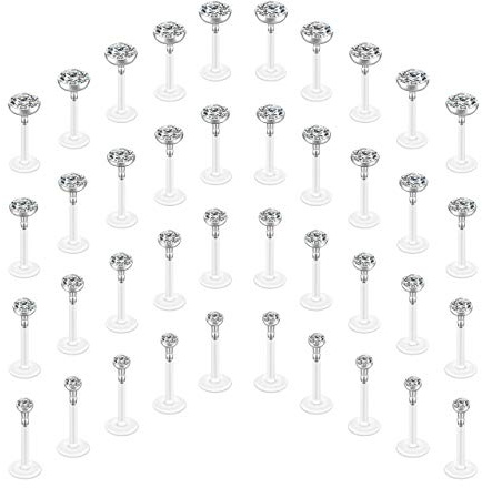 PiercingJak 40Pcs Lot Piercing Labret Piercing Lèvre Boucles d'Oreille Tragus Cartilage Nez Studs Flexible Acrylique Cristal Strass 2mm+3mm+4mm+5mm Femme Homme Fantaisie Bijoux de Corps